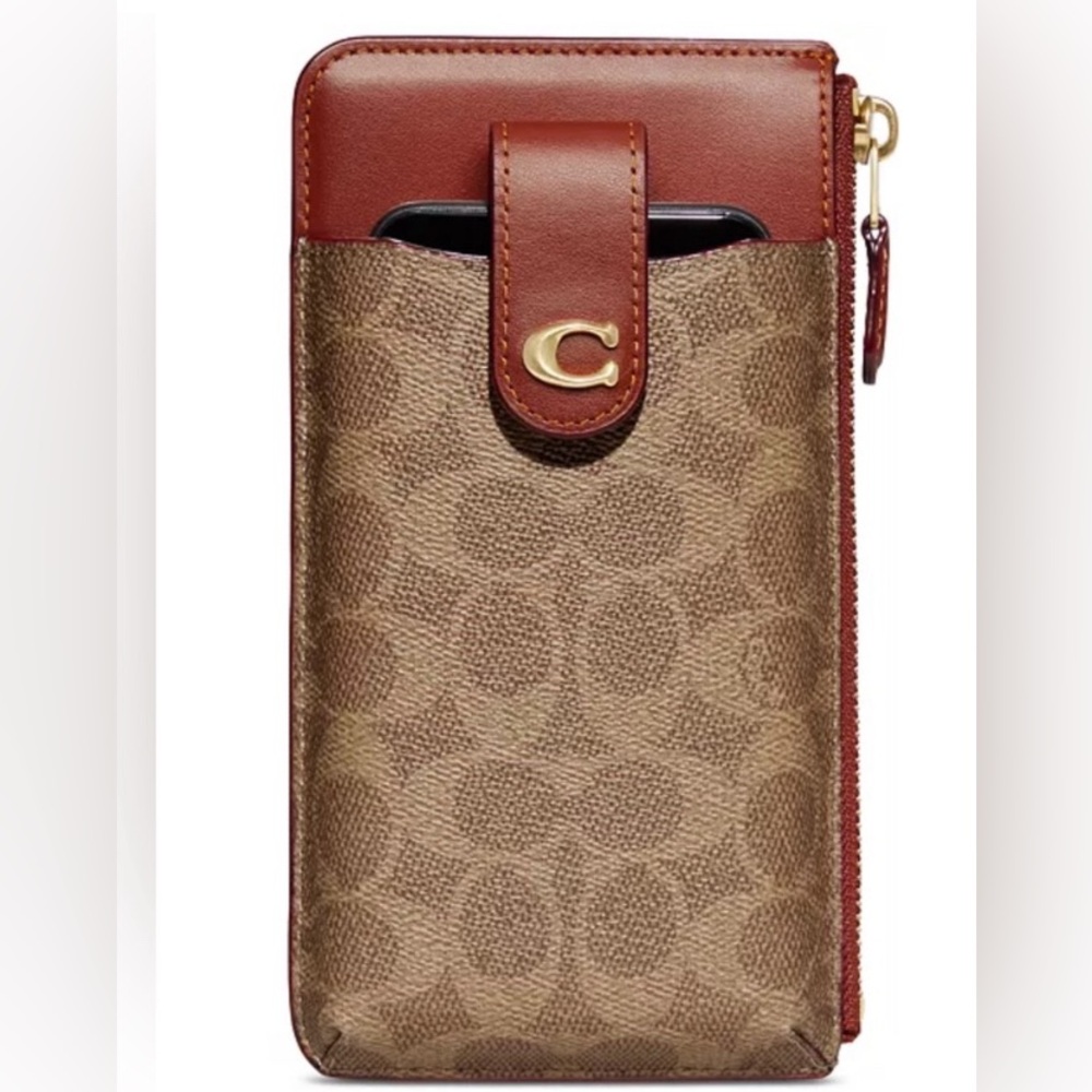 Coach Signature Brown and Saddle Leather Zip Phone Wallet